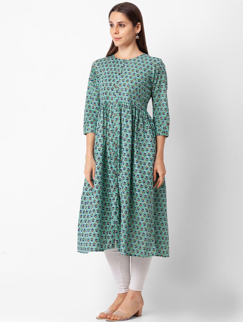 green printed fit to flare kurta - 18400231 - Standard Image - 2