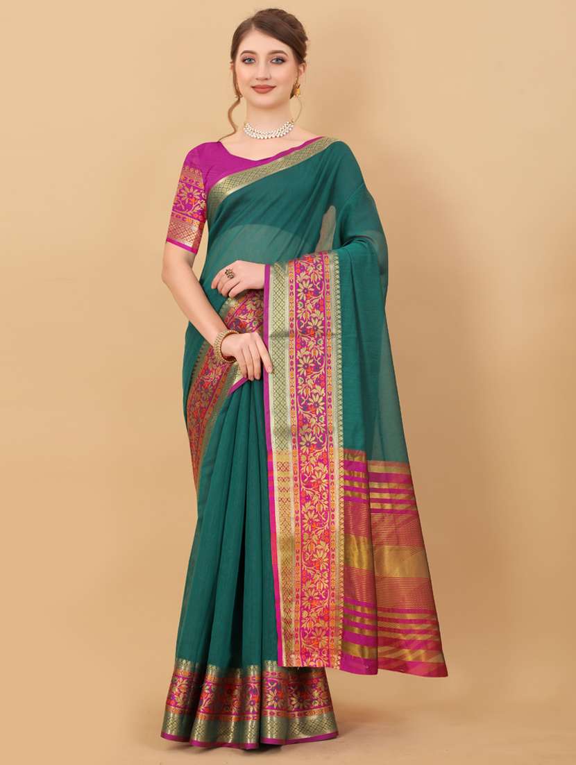 green cotton woven saree with blouse