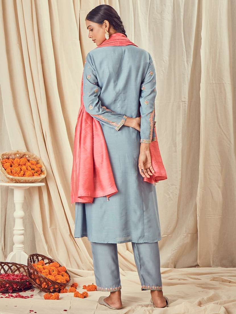 blue cotton silk kurta pant set - 18400366 - Standard Image - 2