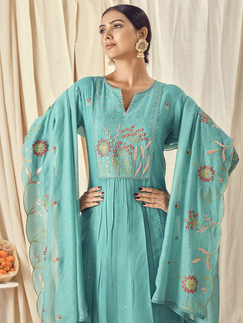 turquoise cotton silk kurta pant set - 18400368 - Standard Image - 2