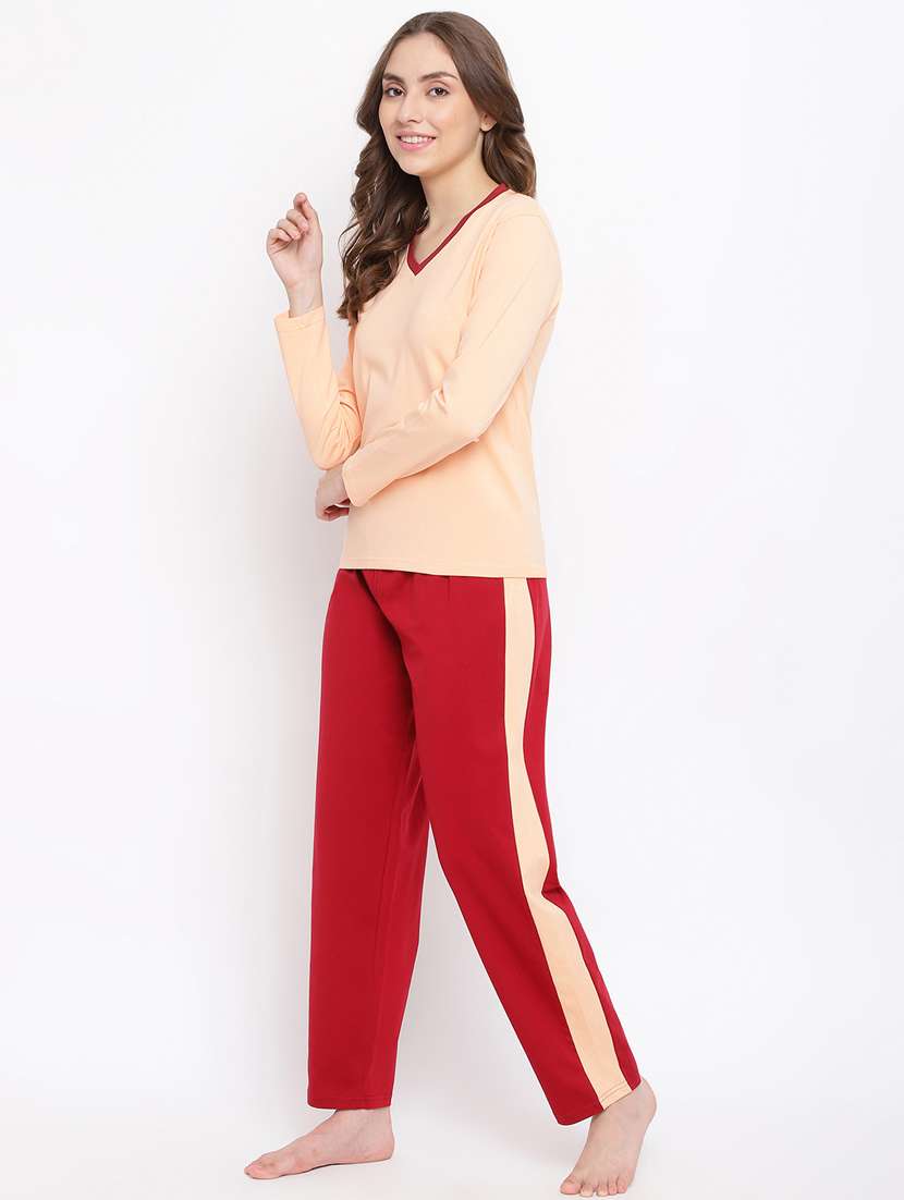 women v-neck solid nightwear pajama set - 18400725 - Standard Image - 2