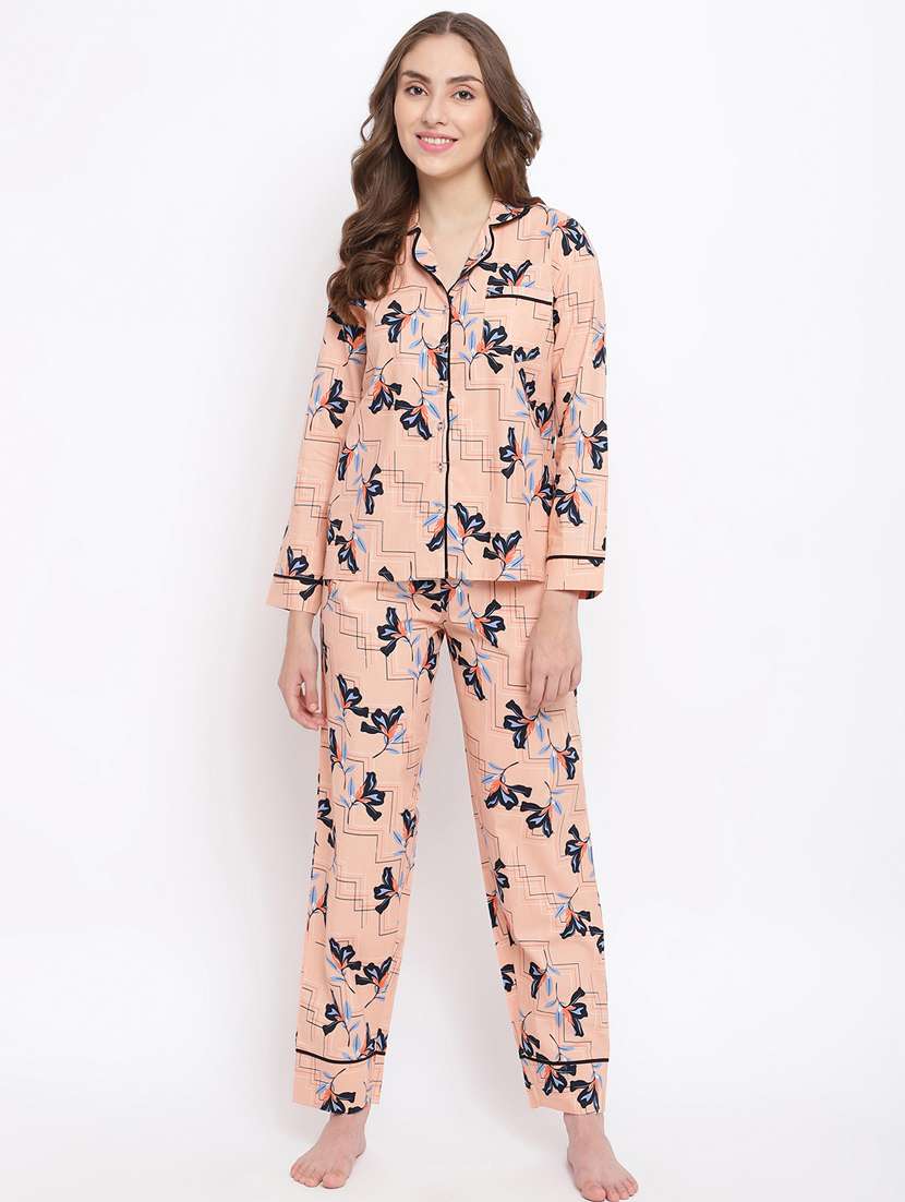 shirt collar printed nightwear pajama set 