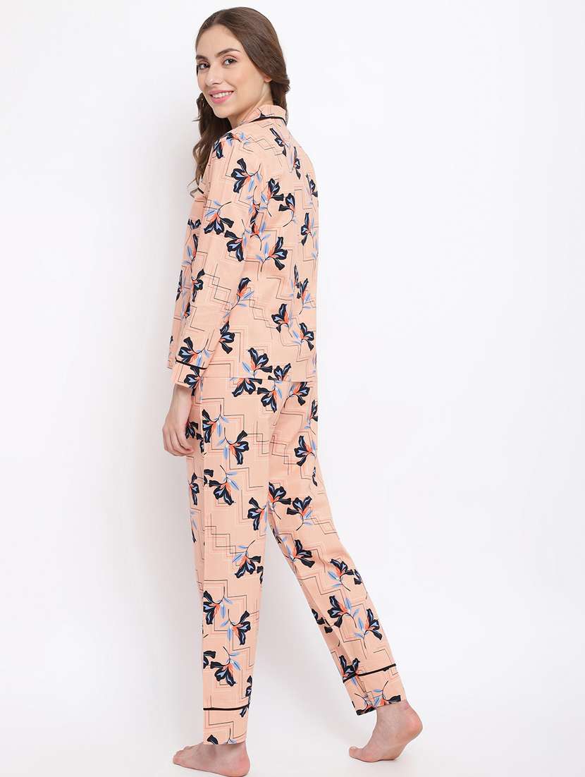 shirt collar printed nightwear pajama set - 18400726 - Standard Image - 2