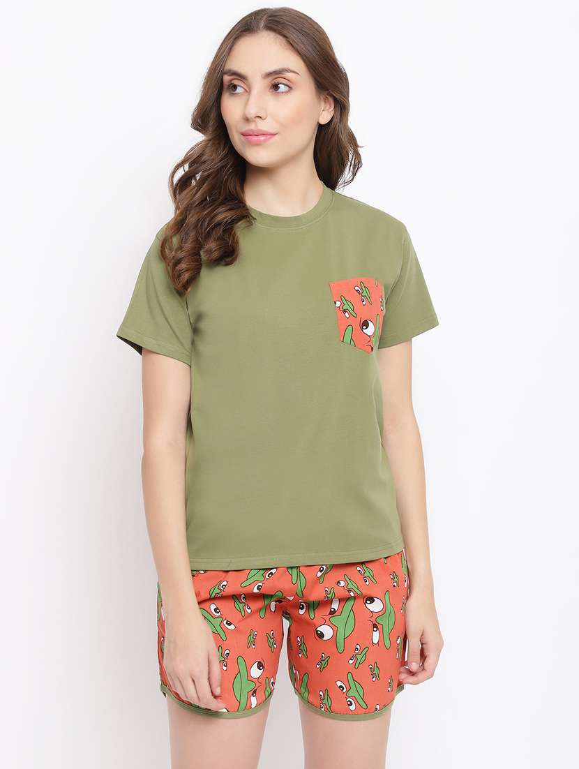 round neck printed nightwear shorts set