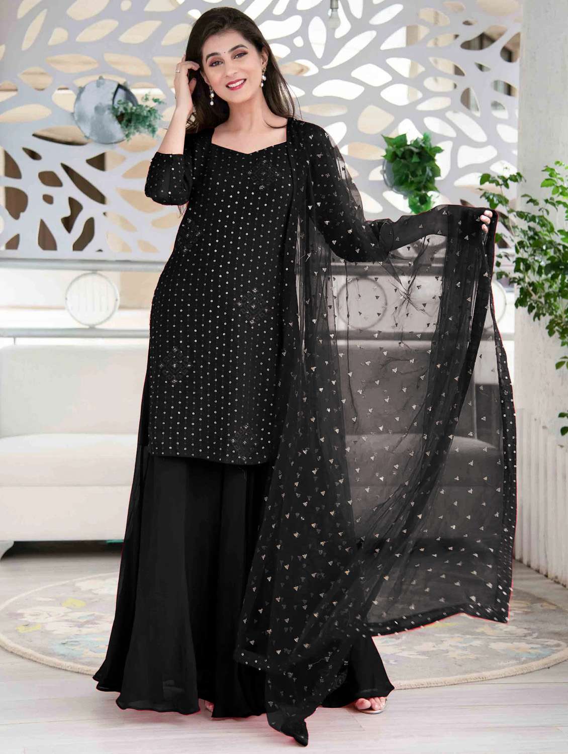 black kurta skirt semi-stitched suit