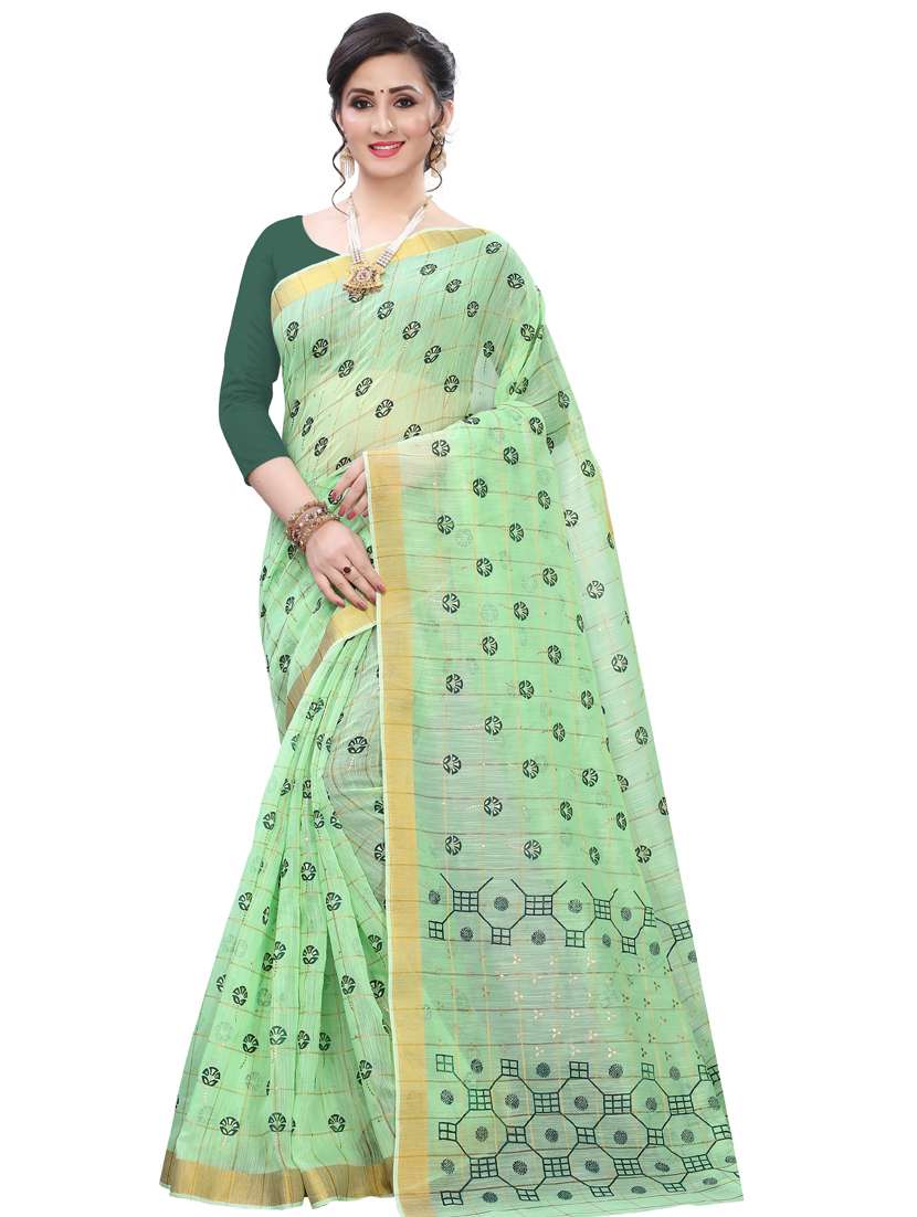 women's block print mint colored saree with blouse