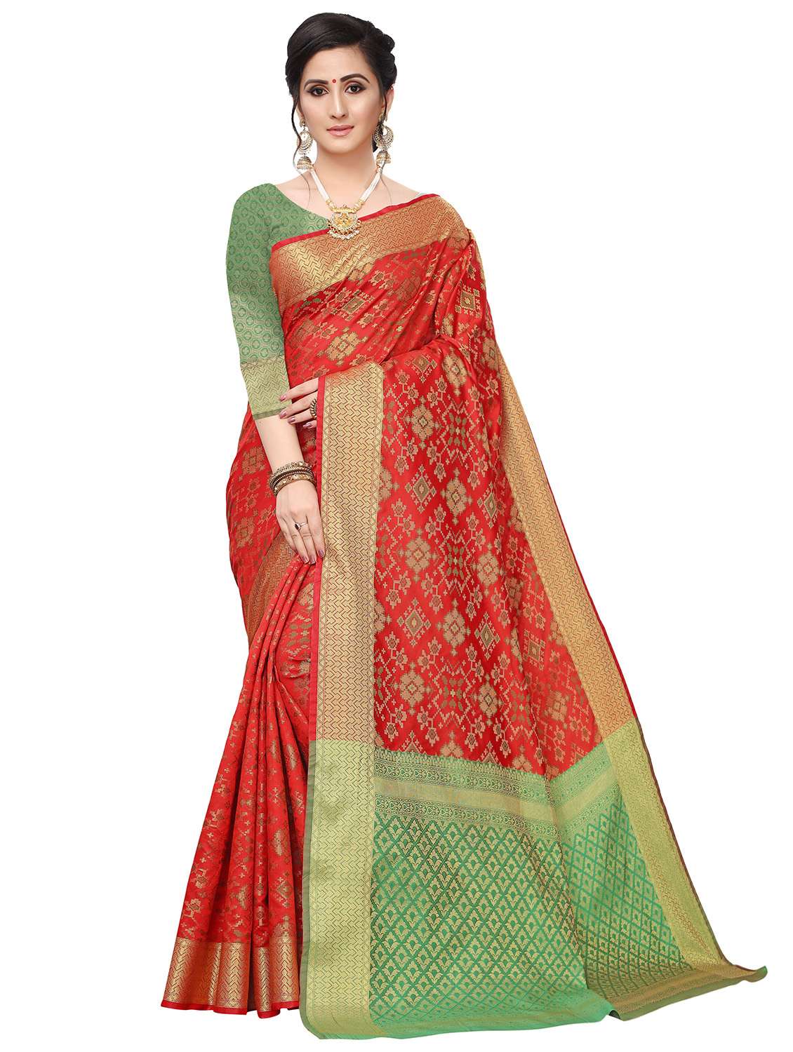 women's self design red colored saree with blouse