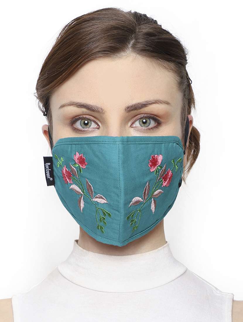  pack of 2 turquoise & multi 3-ply cotton floral embroidered fabric fashion mask - 18403028 -  Standard Image - 2