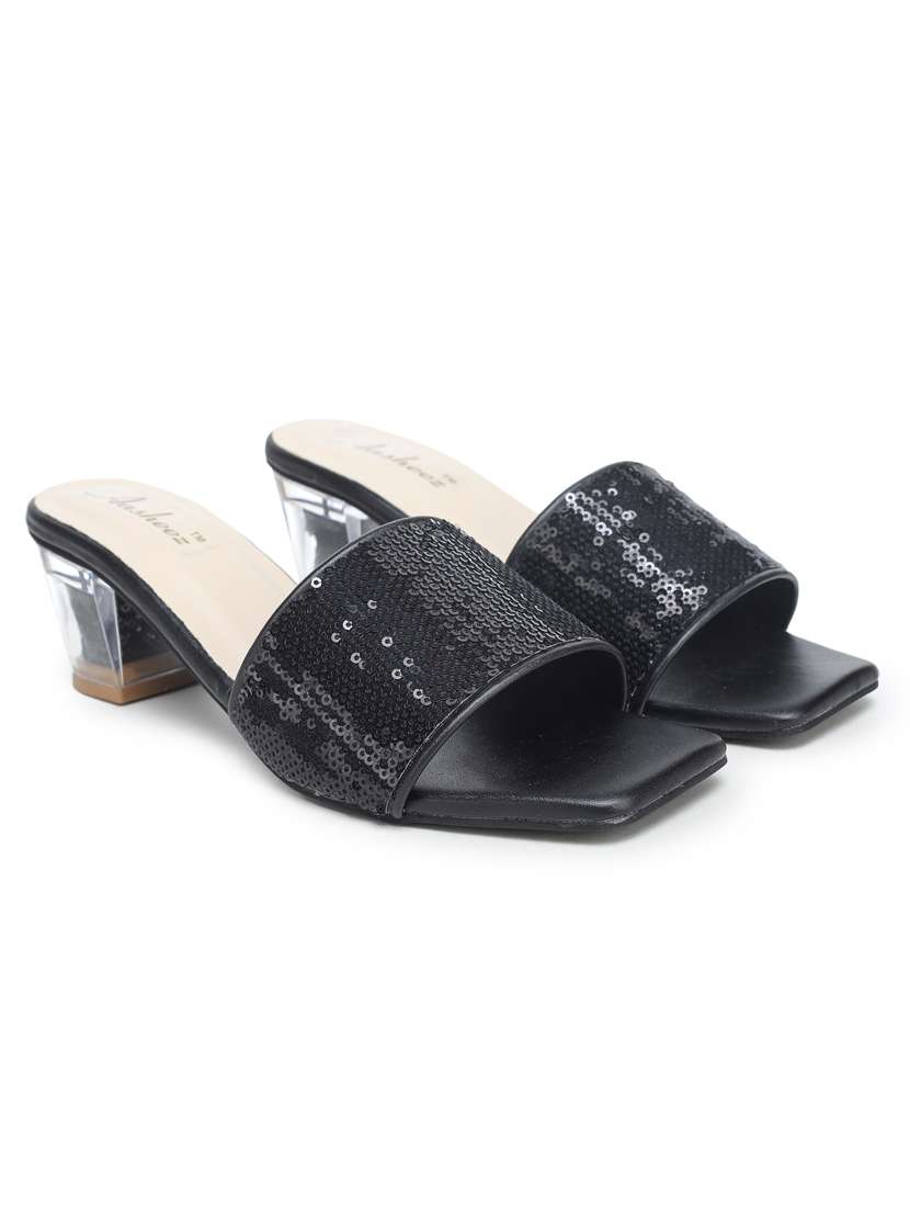 black synthetic slip on sandals