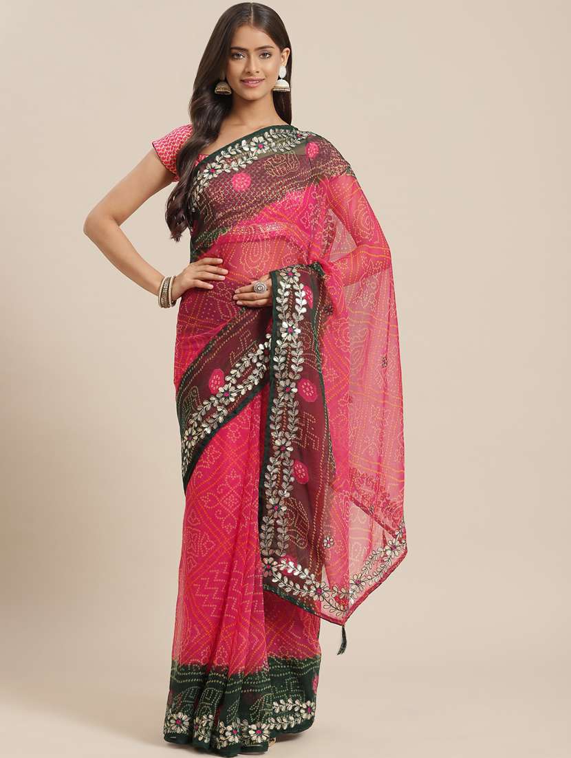 women's bandhani pink colored saree with blouse