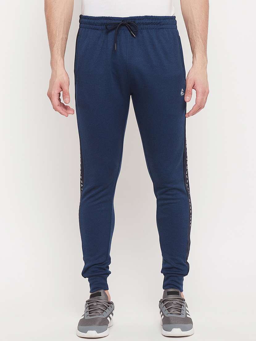 blue polyester solid full length track pant