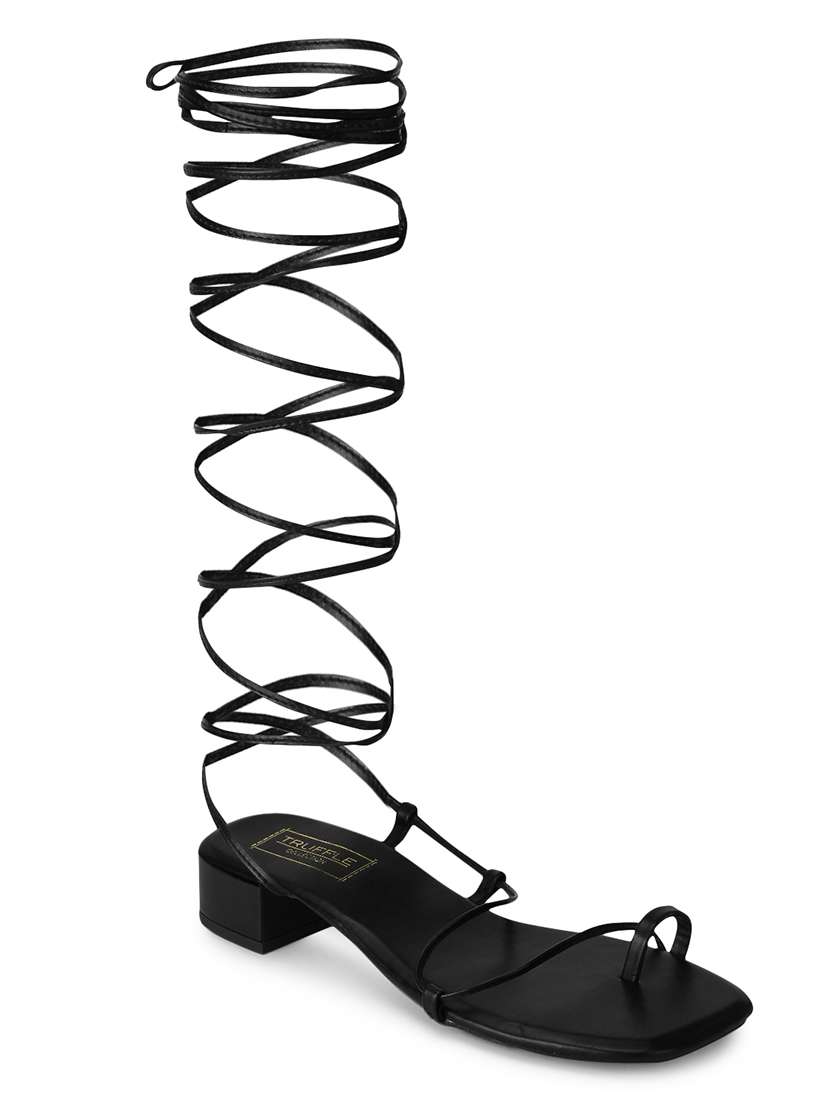 black pu laceup sandals