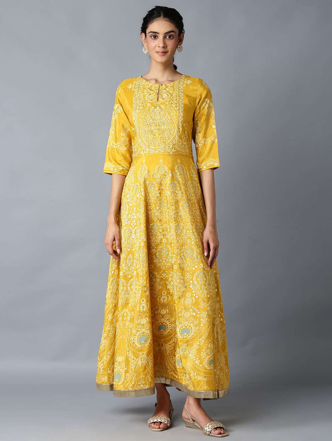 yellow floral flared ethnic dress