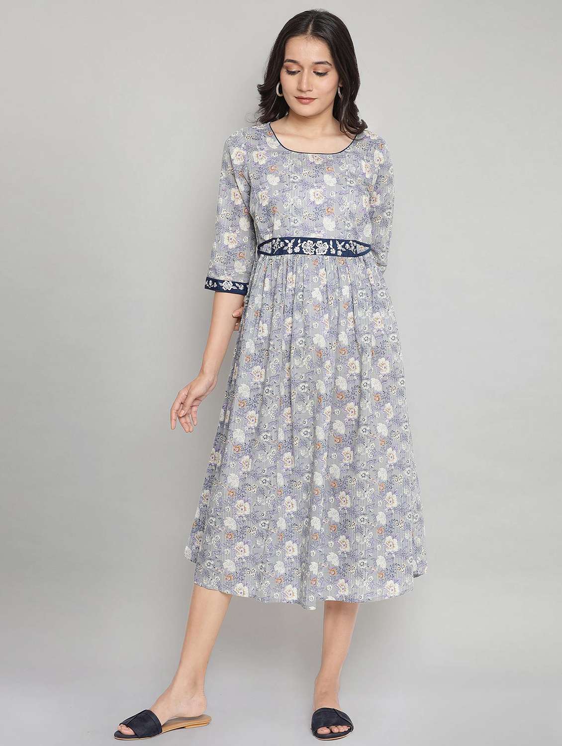 grey floral flared ethnic dress