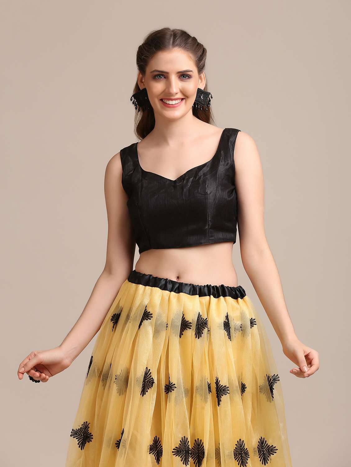 Beige Net Flared Lehenga