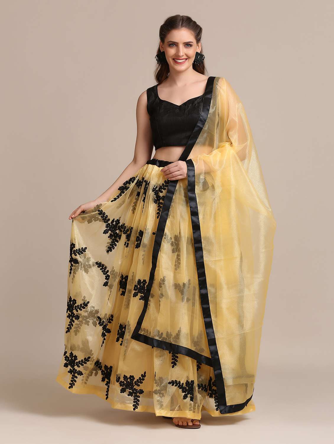 beige net flared lehenga