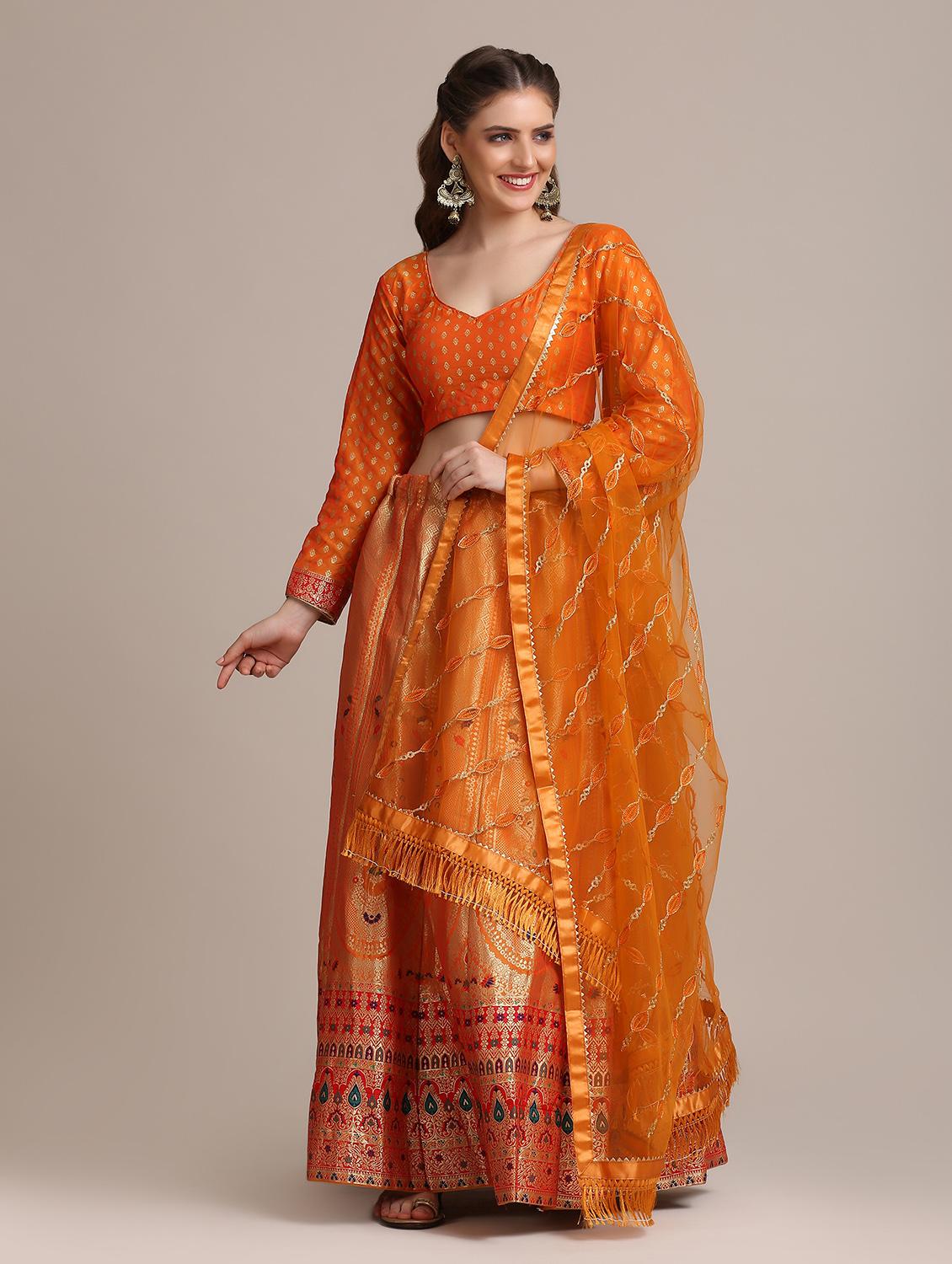 orange raw silk flared lehenga - 18408093 -  Zoom Image - 0