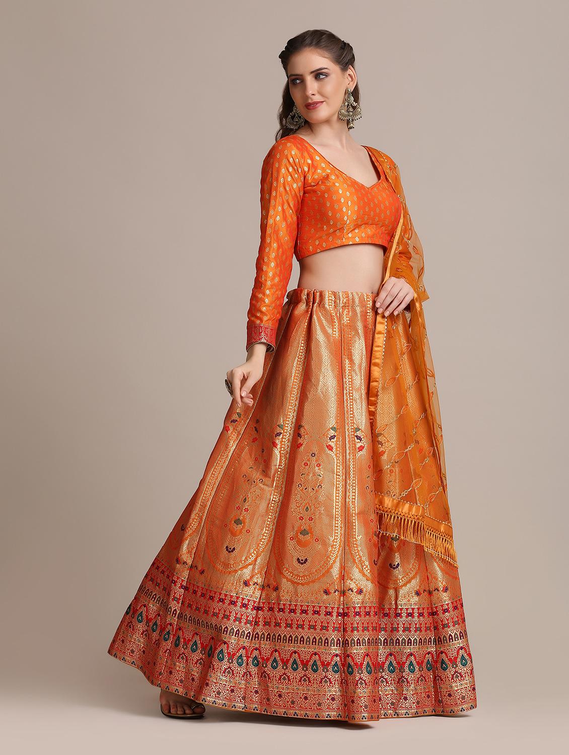 orange raw silk flared lehenga - 18408093 - Standard Image - 2