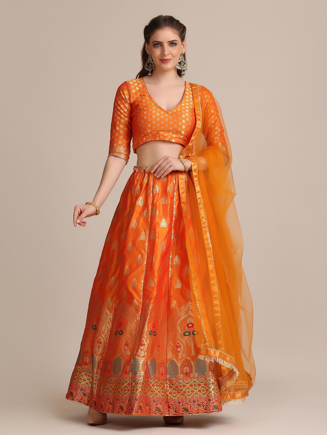 orange raw silk flared lehenga - 18408098 - Zoom Image - 0