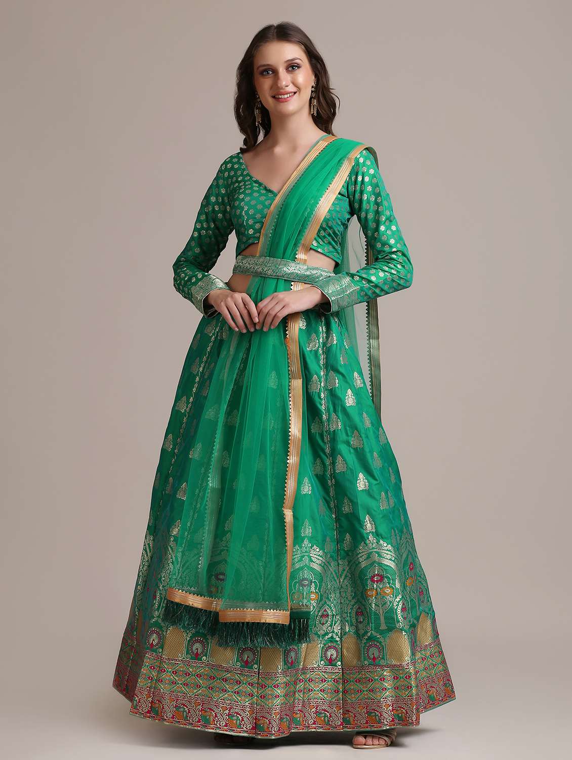 sea green raw silk flared lehenga - 18408099 - Zoom Image - 0