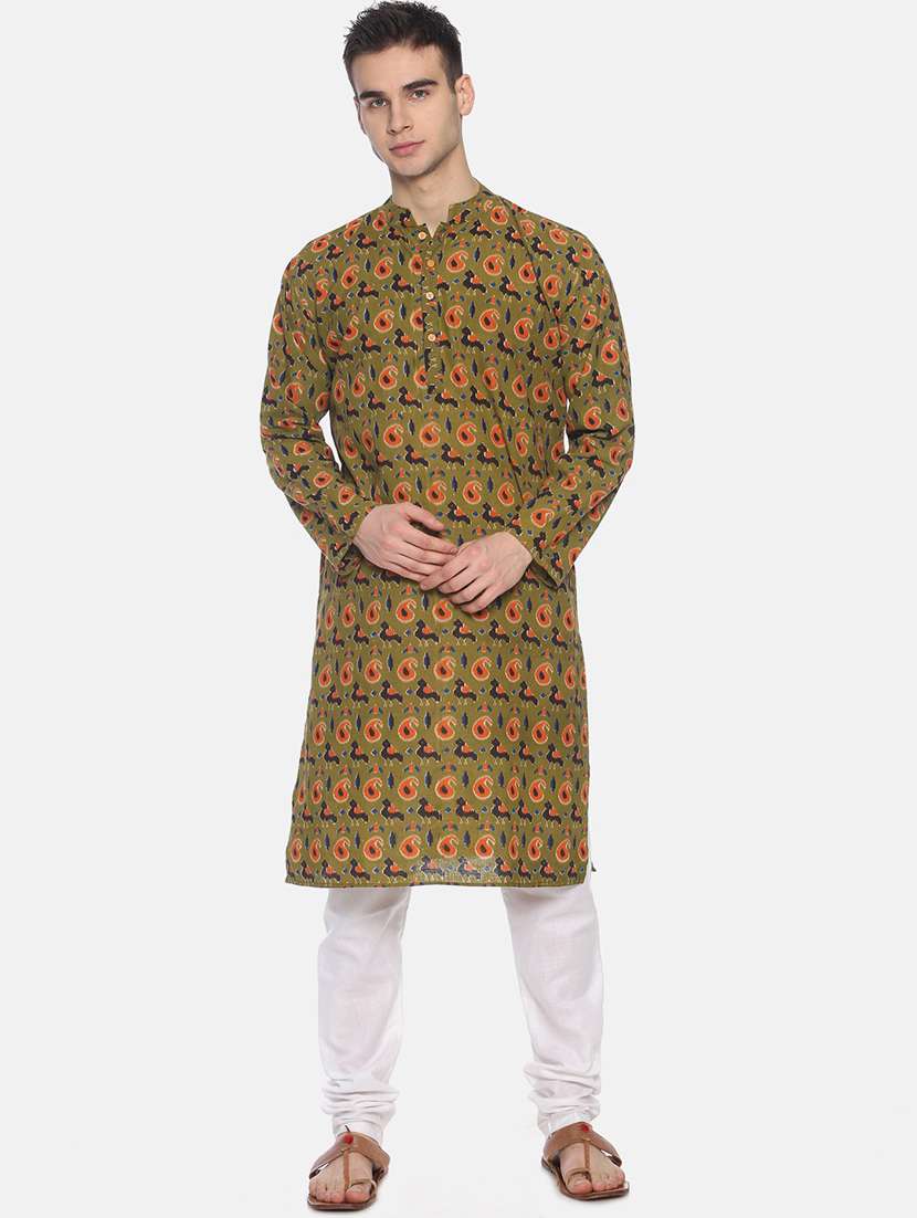 green printed long kurta