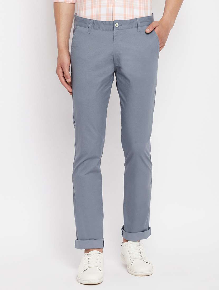 blue solid flat front casual trouser