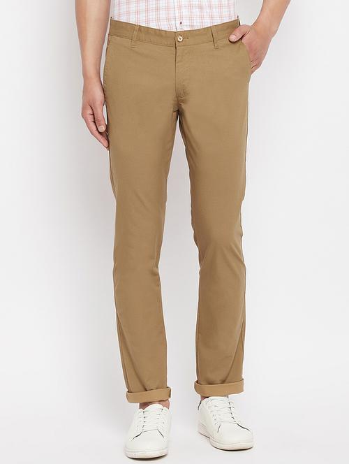 brown solid flat front casual trouser - 18409456 - Standard Image - 0
