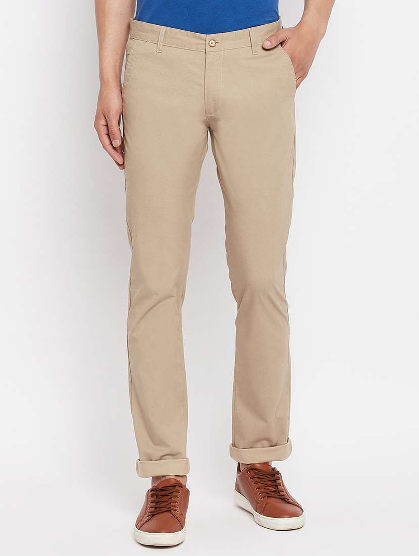 beige solid flat front casual trouser