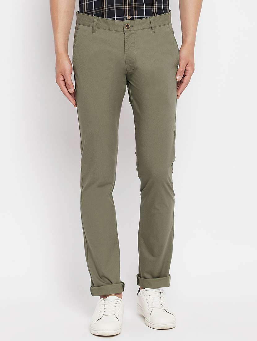 green solid flat front casual trouser