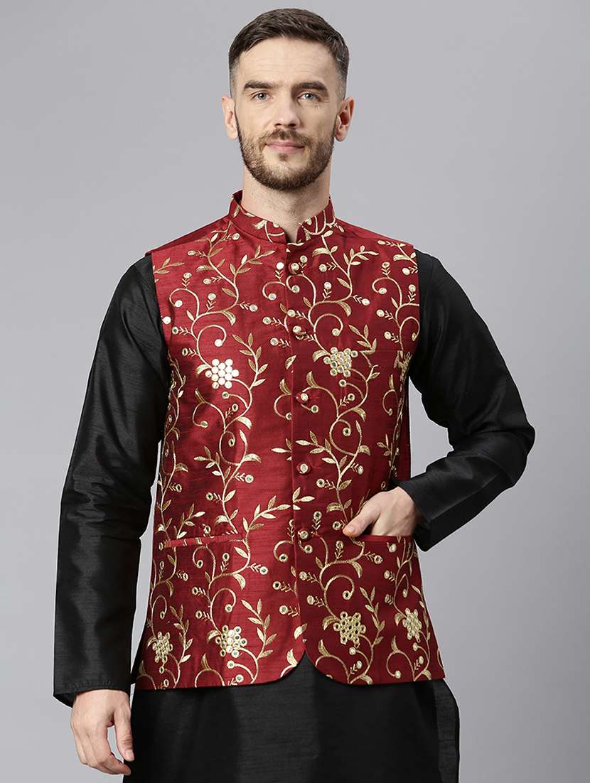 red embroidered nehru jacket