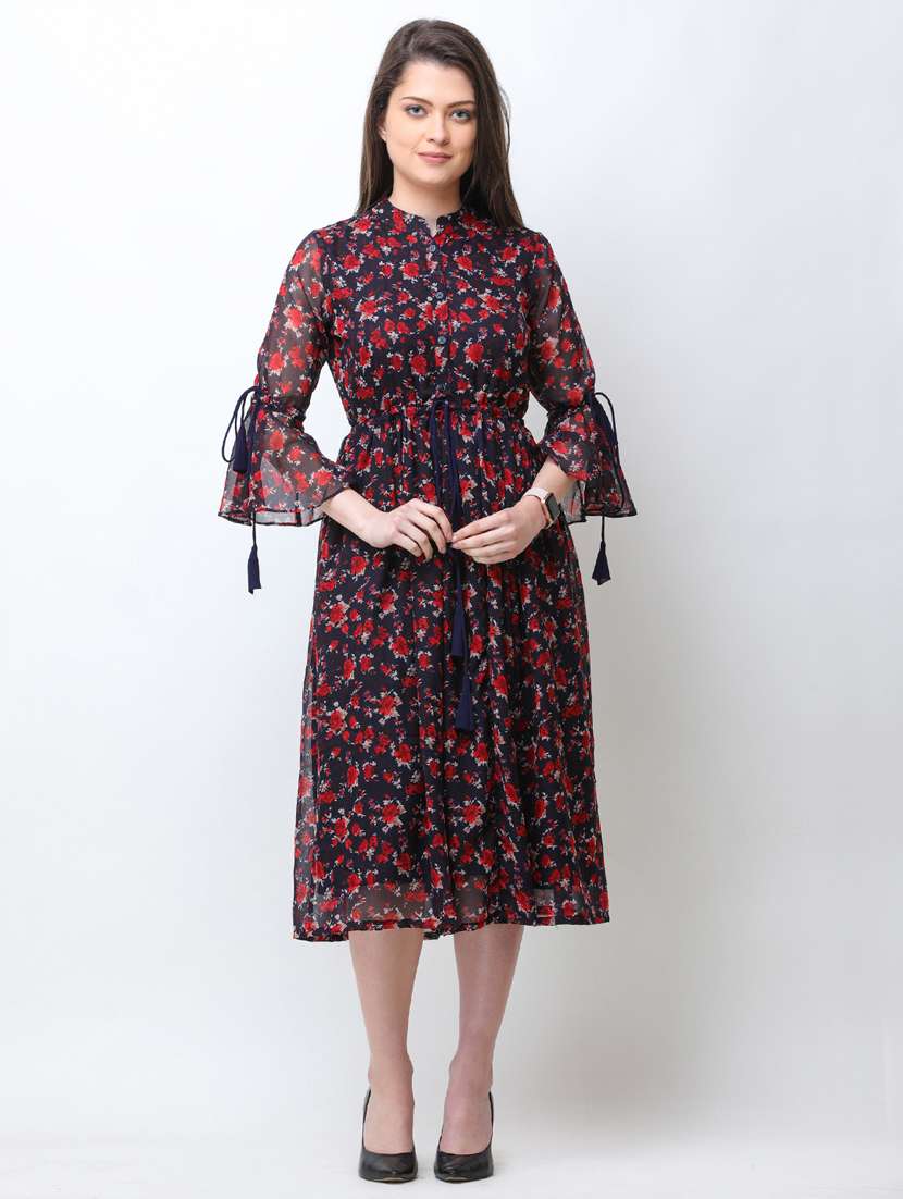 bell sleeved floral fit & flare dress