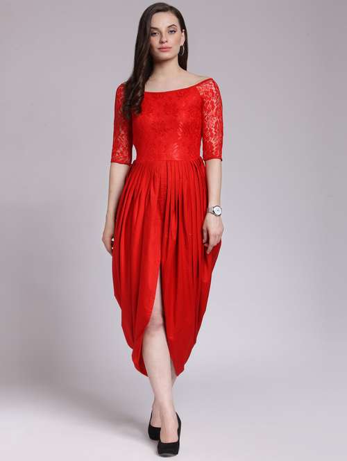 women red self design off shoulder dress - 18410106 - Standard Image - 0