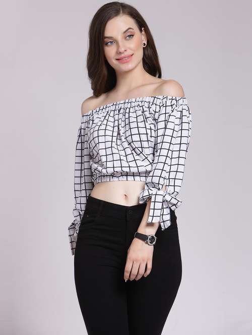 off shoulder checked crop top - 18410124 -  Standard Image - 0