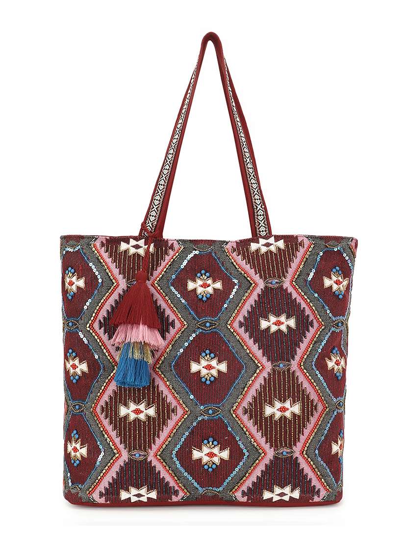maroon embellished regular tote