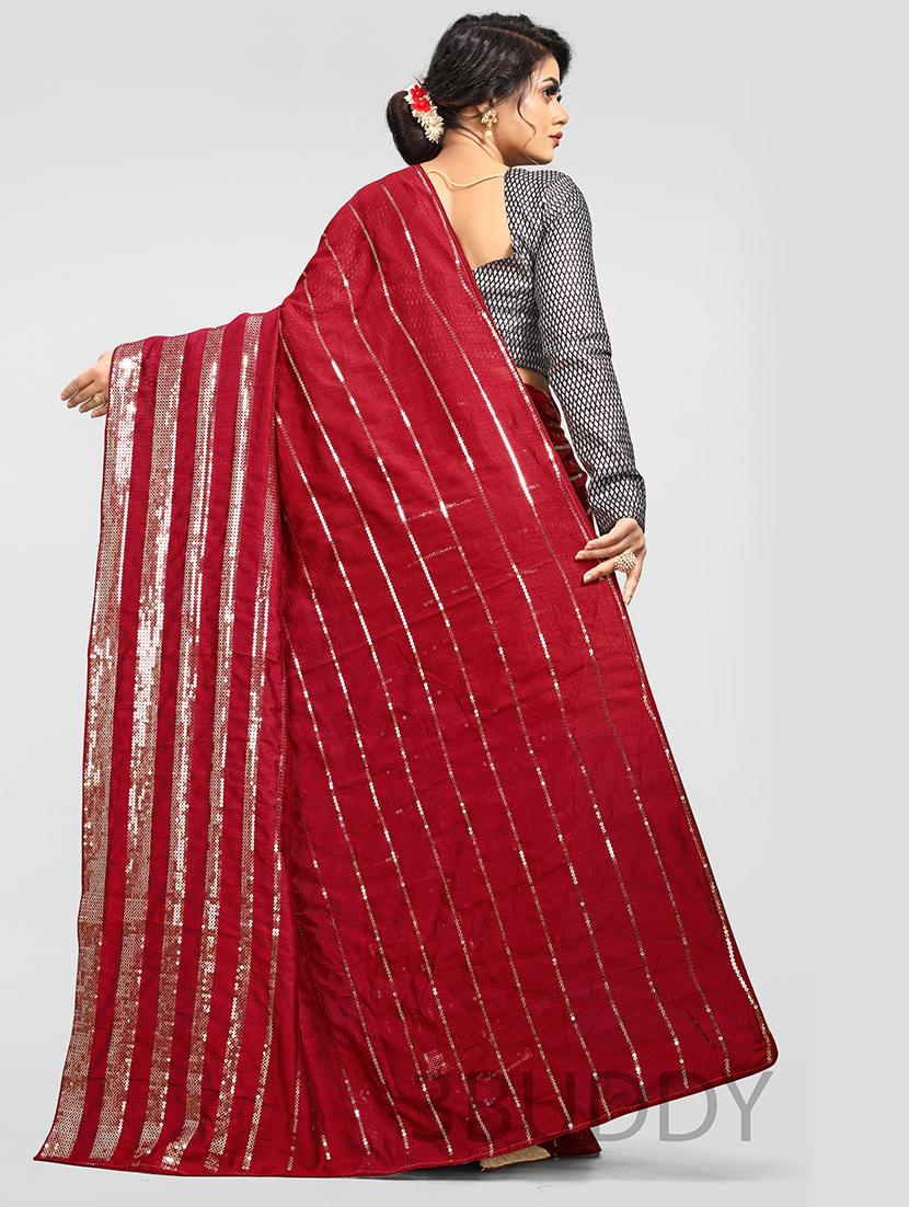 red silver sequence work over vichitra silk with brocade blouse embroidered saree with blouse - 18411063 - Standard Image - 2