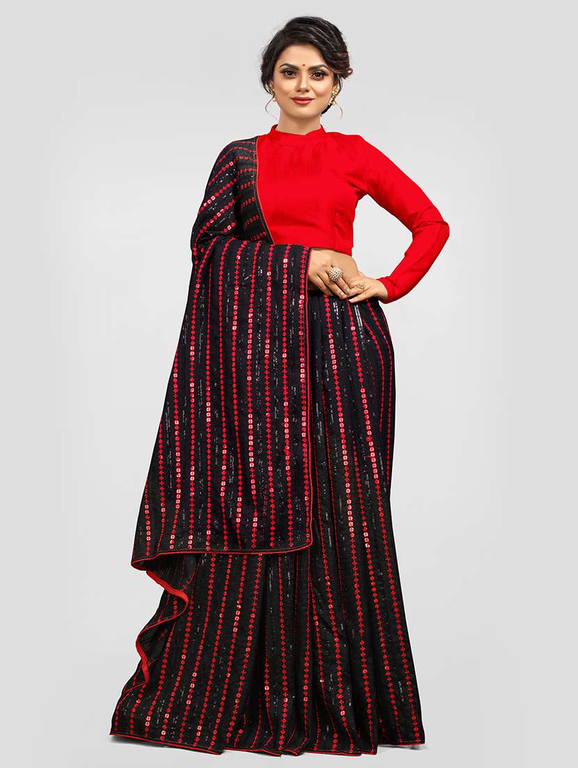 red sequence and thread work over vichitra silk  with banglory satin blouse embroidered saree with blouse
