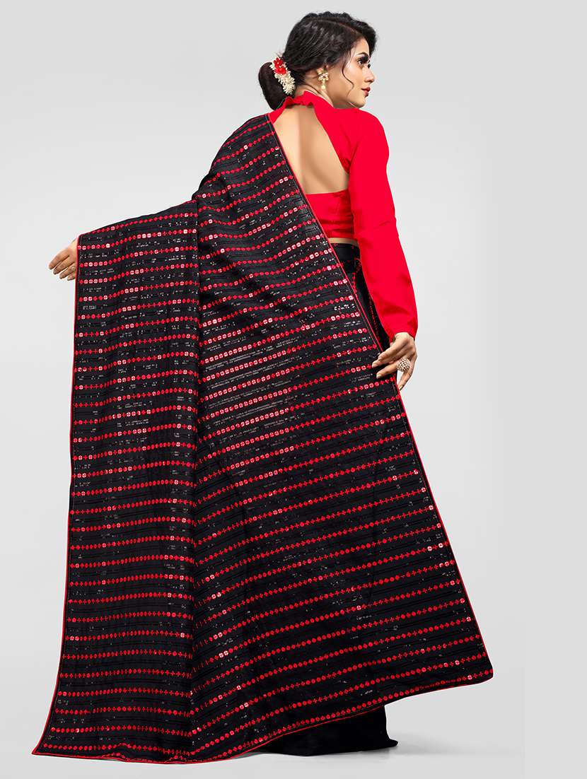 red sequence and thread work over vichitra silk  with banglory satin blouse embroidered saree with blouse - 18411322 -  Standard Image - 2