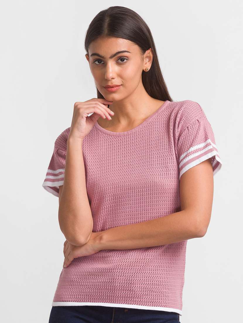 women pink self design round neck t-shirt