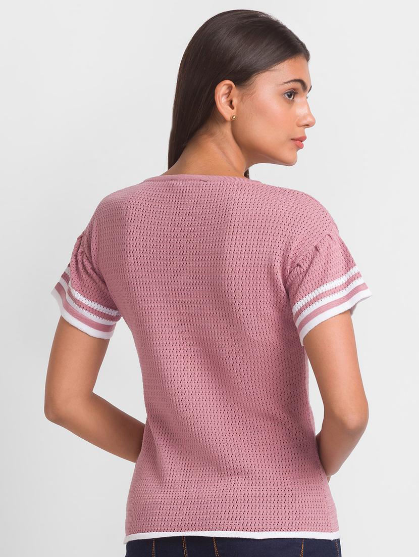 women pink self design round neck t-shirt - 18411463 - Standard Image - 2
