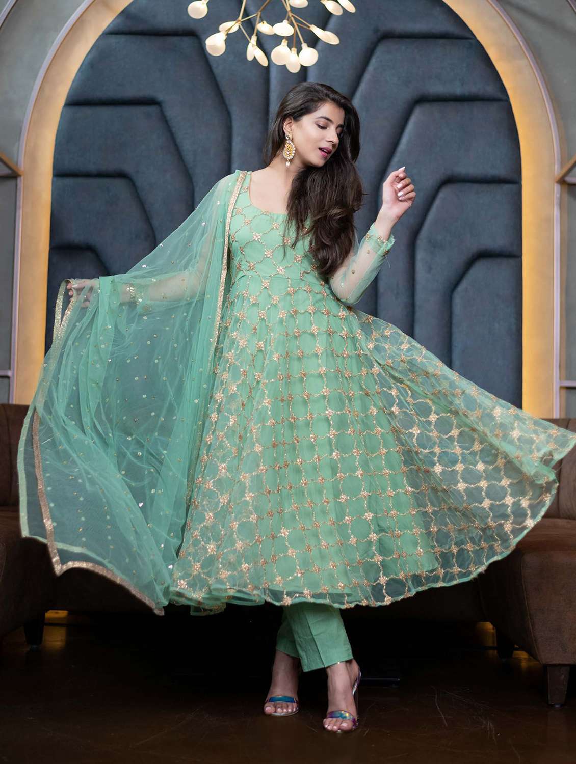green straight pant suit semi-stitched suit