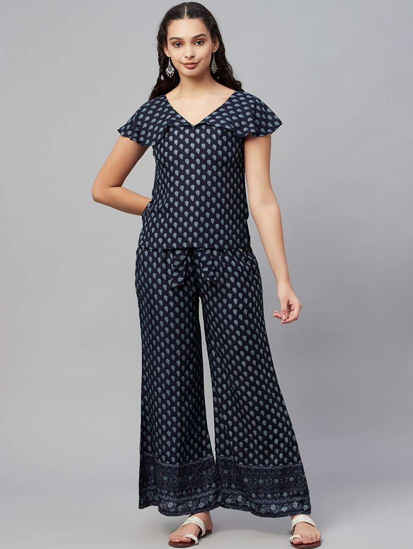 blue cotton top pants  set