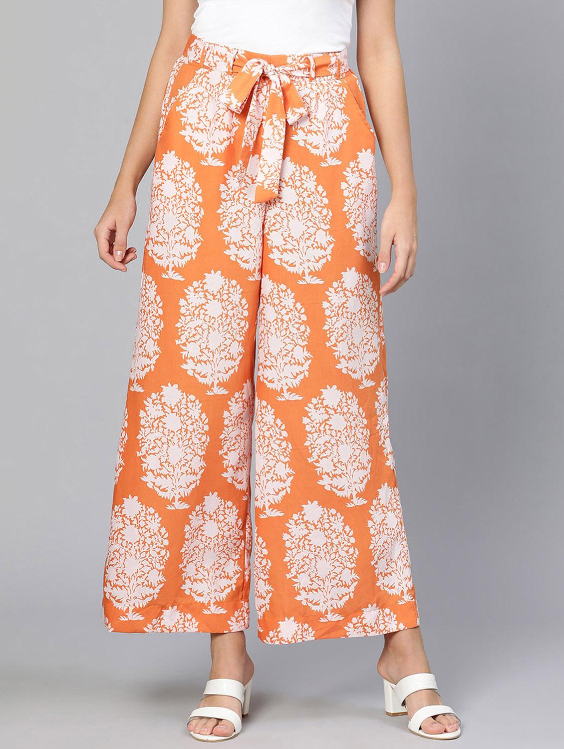 orange printed flat front trouser