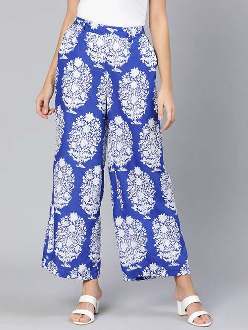 blue printed flat front trouser - 18412909 -  Standard Image - 0