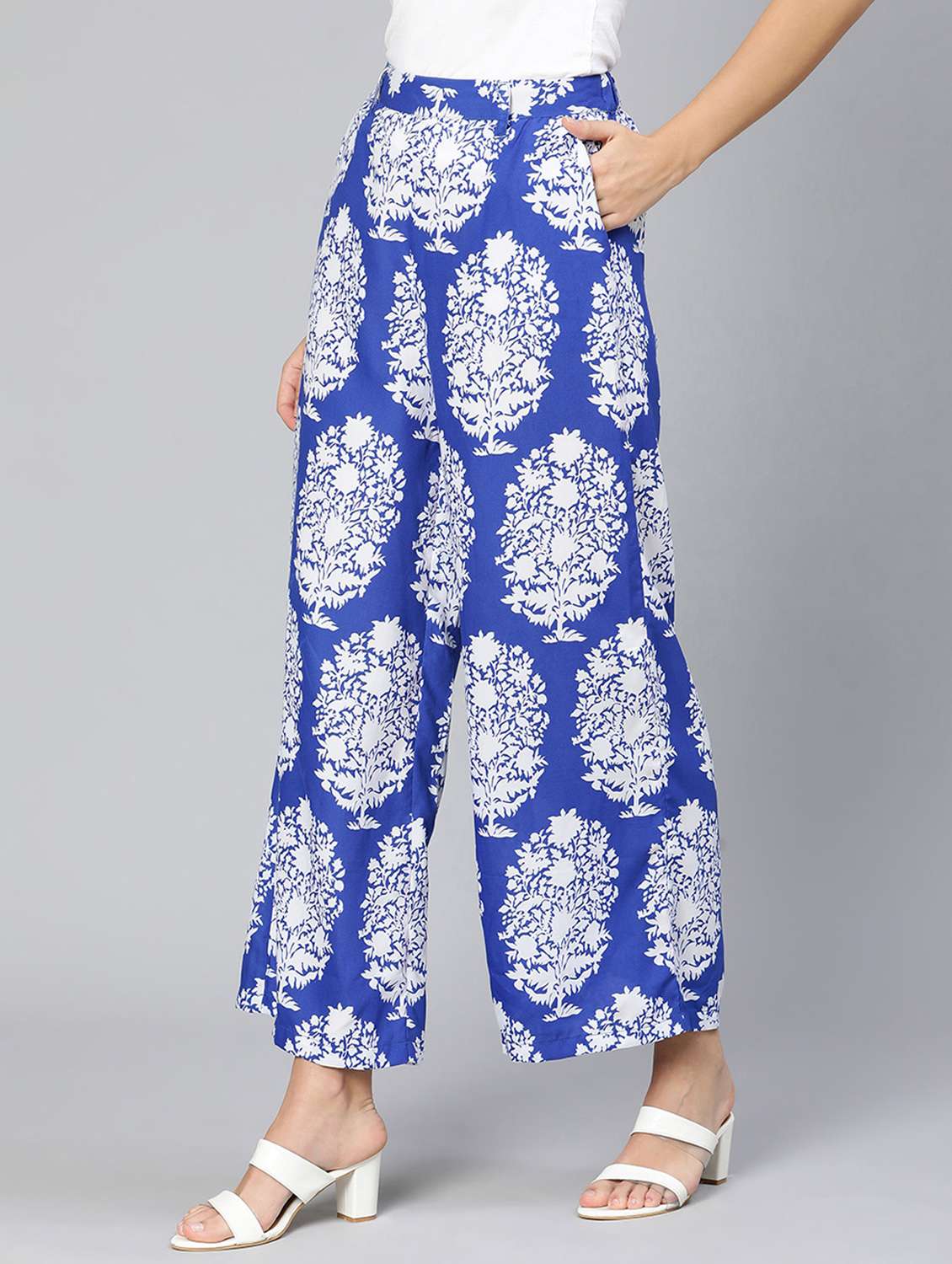 blue printed flat front trouser - 18412909 - Standard Image - 2
