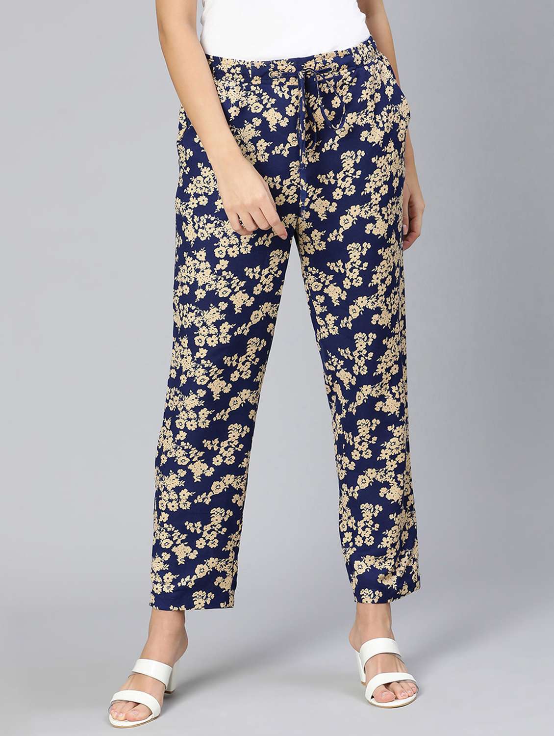 navy blue floral printed flat front trouser