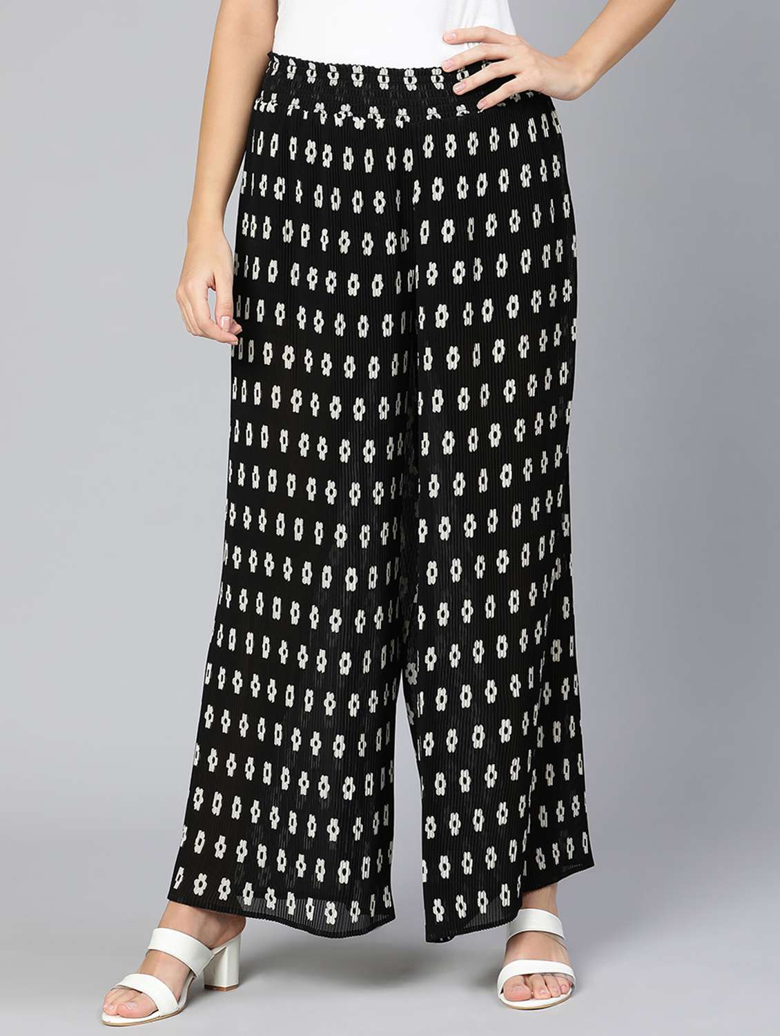 black printed flat front trouser