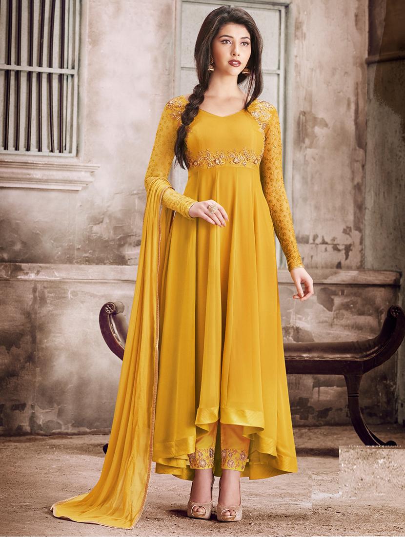 yellow straight pant suit semi-stitched suit