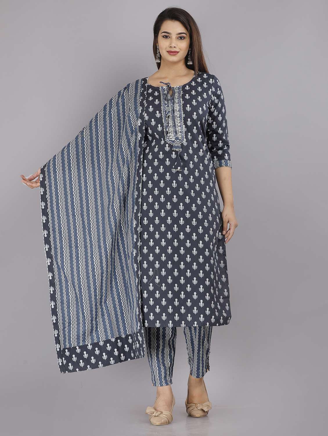 women three quarter sleeve kurta pant with dupatta set