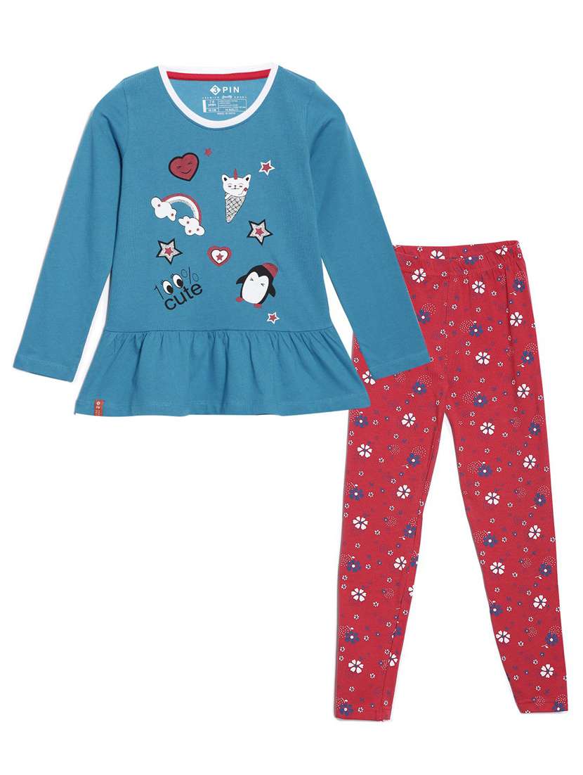 round neck printed full length set 