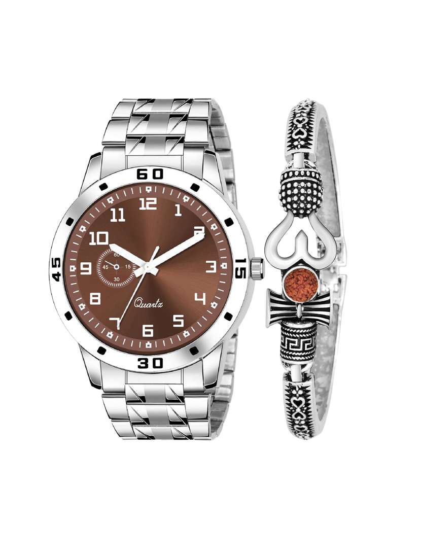 kajaru jew_49_k_16 stylish dial- stainless steel strap watch & black bracelet combo set for men